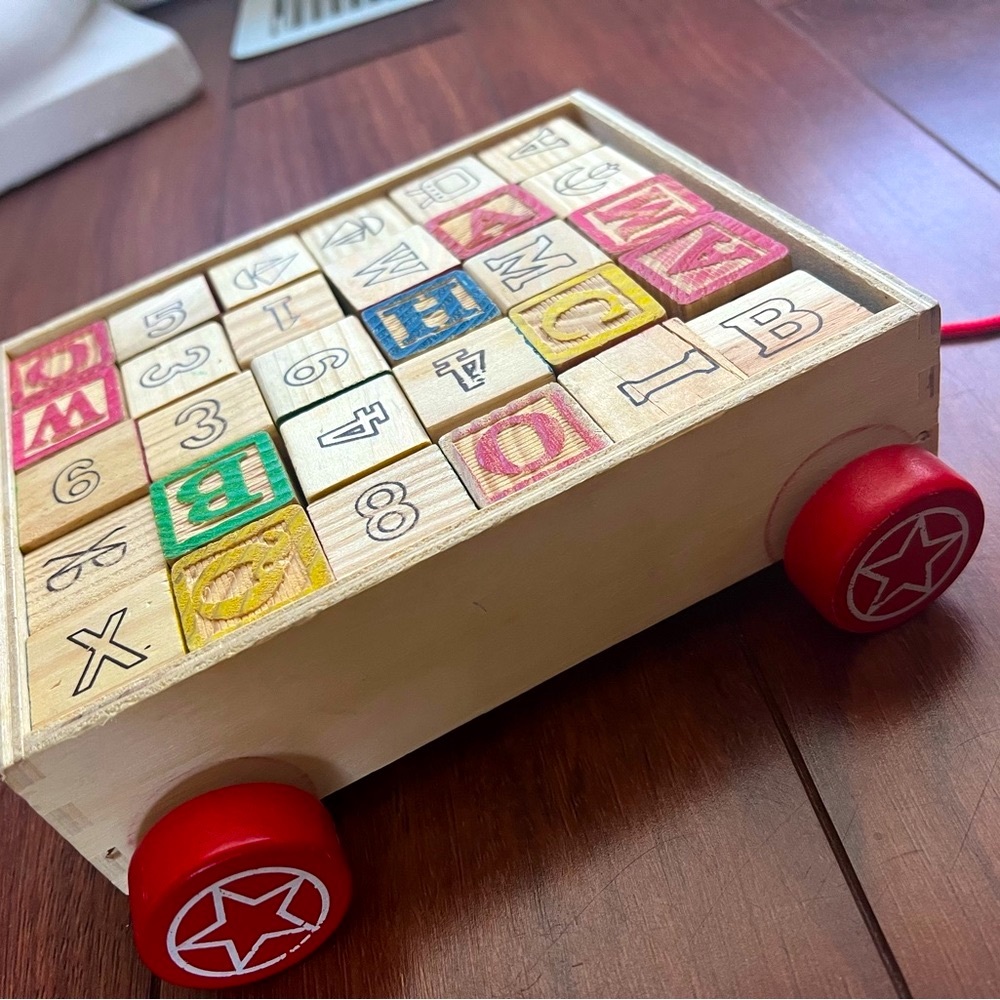 Vintage wooden baby blocks primary colors numbers letters objects pull along bin - Picture 2 of 7